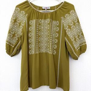 Alina‎ Bradu Peasant Blouse Embroidered Olive Romanian Folk Top Cotton S Boho
